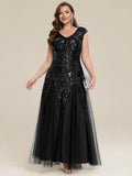 Plus Size V-Neck Sequin High Stretch Cap Sleeve Tulle Formal Dress