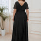 Plus Size V Neck Ribbon Waist Formal Evening Dress With Sleeves