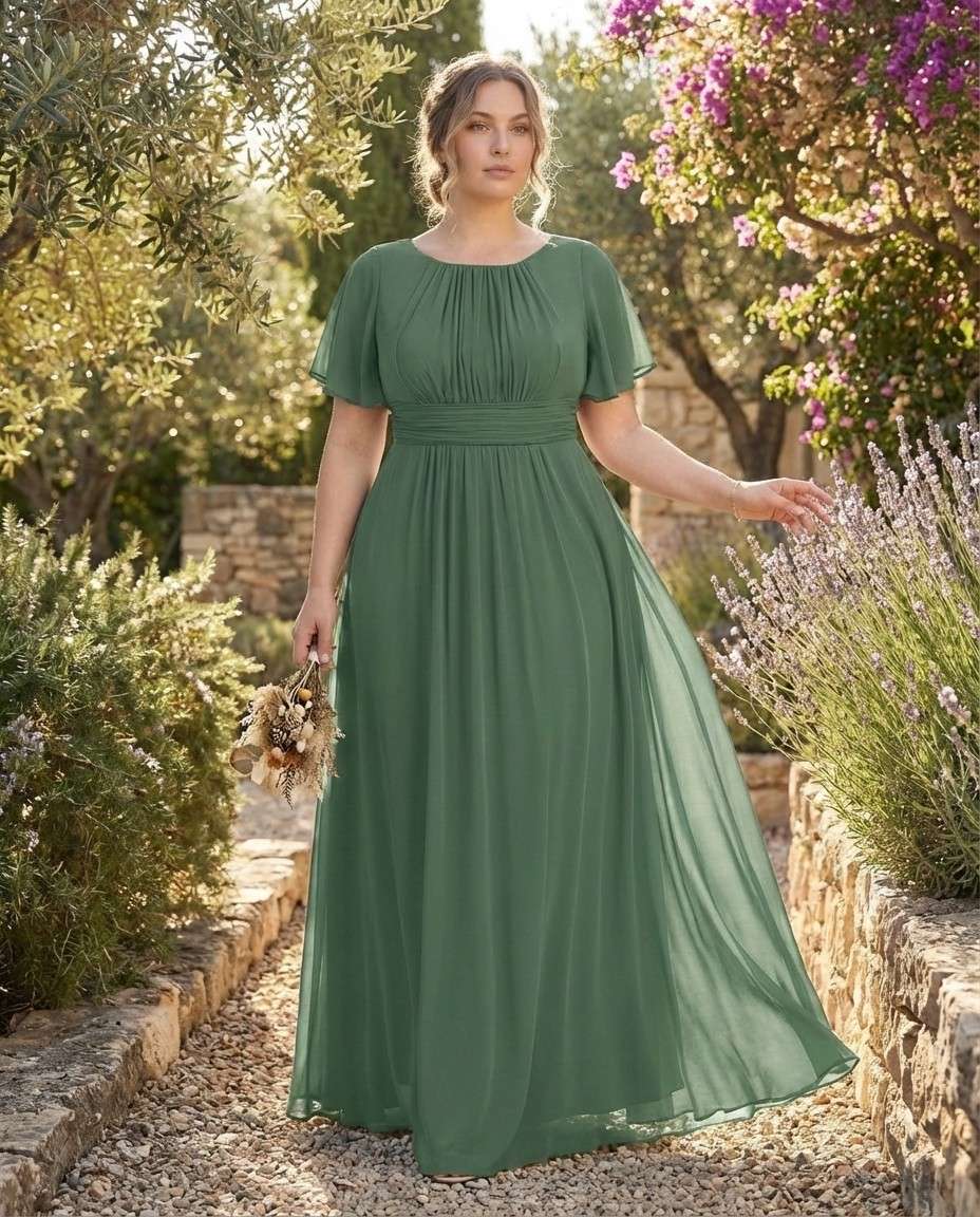 Petaline Elegant Chiffon A-Line Bridesmaid Gown with Short Sleeves N0324