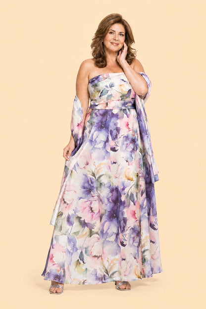 Plus Size Mother of the Bride Organza A Line Dress with Floral Print and Matching Wrap