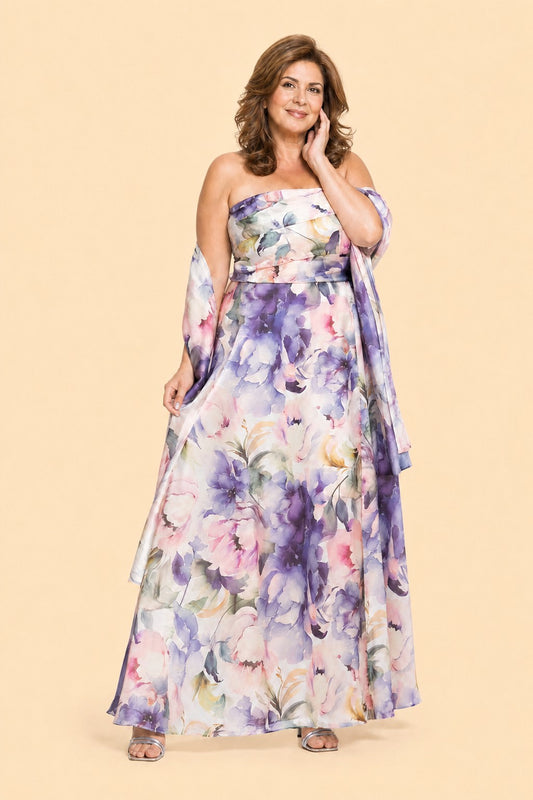 Plus Size Mother of the Bride Organza A Line Dress with Floral Print and Matching Wrap