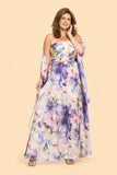 Plus Size Mother of the Bride Organza A Line Dress with Floral Print and Matching Wrap