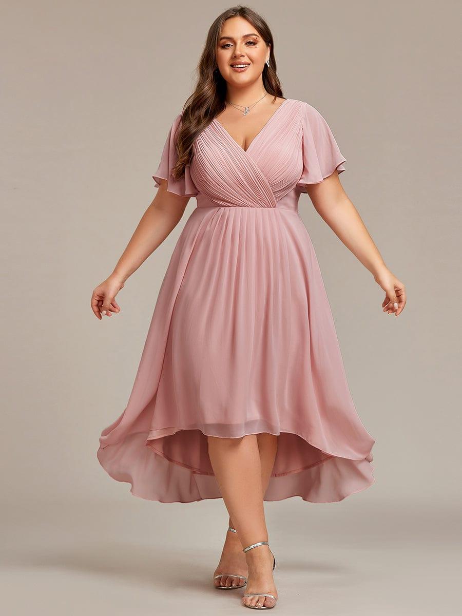 Plus Size Double V-Neck Ruffles Sleeve Chiffon Midi Wedding Guest Dress