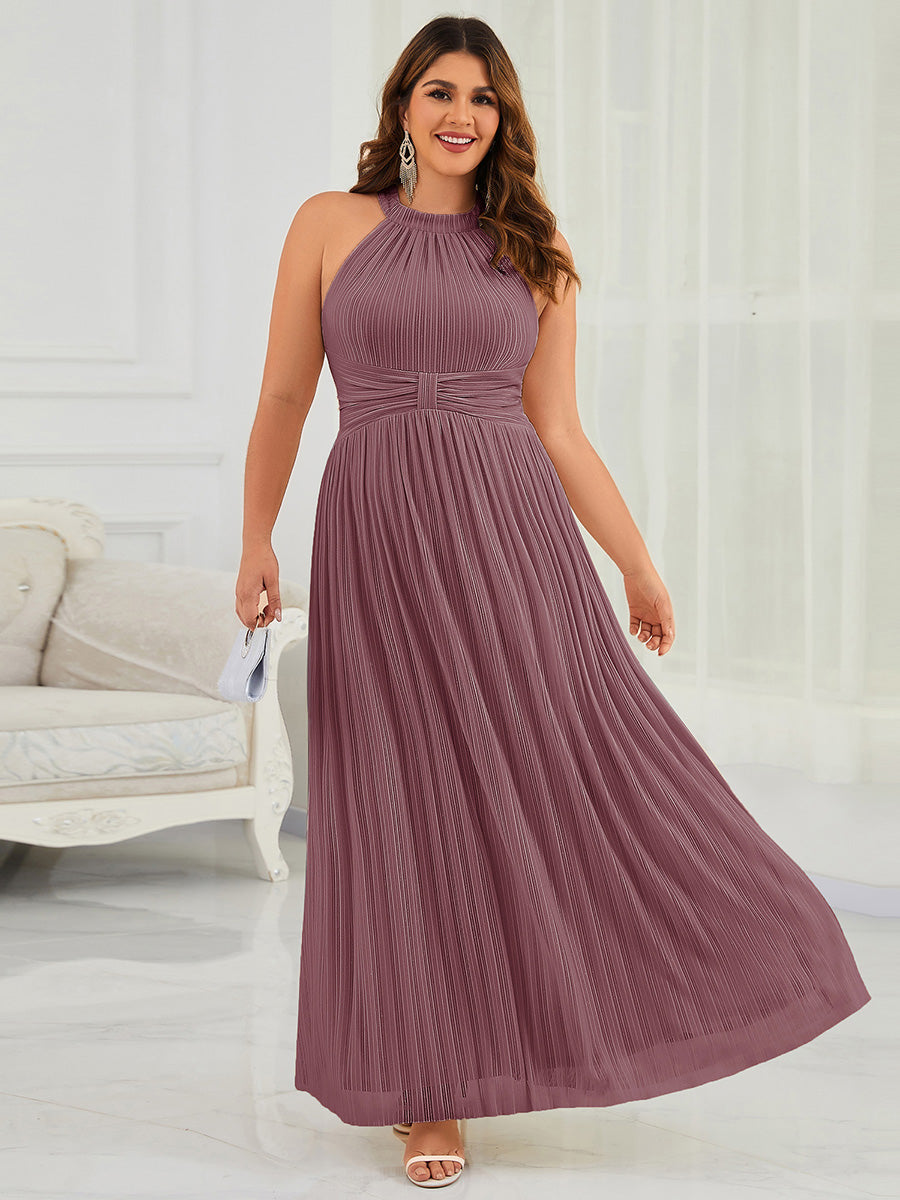 Plus Size Glittery Halter Neck Pleated Formal Evening Dress