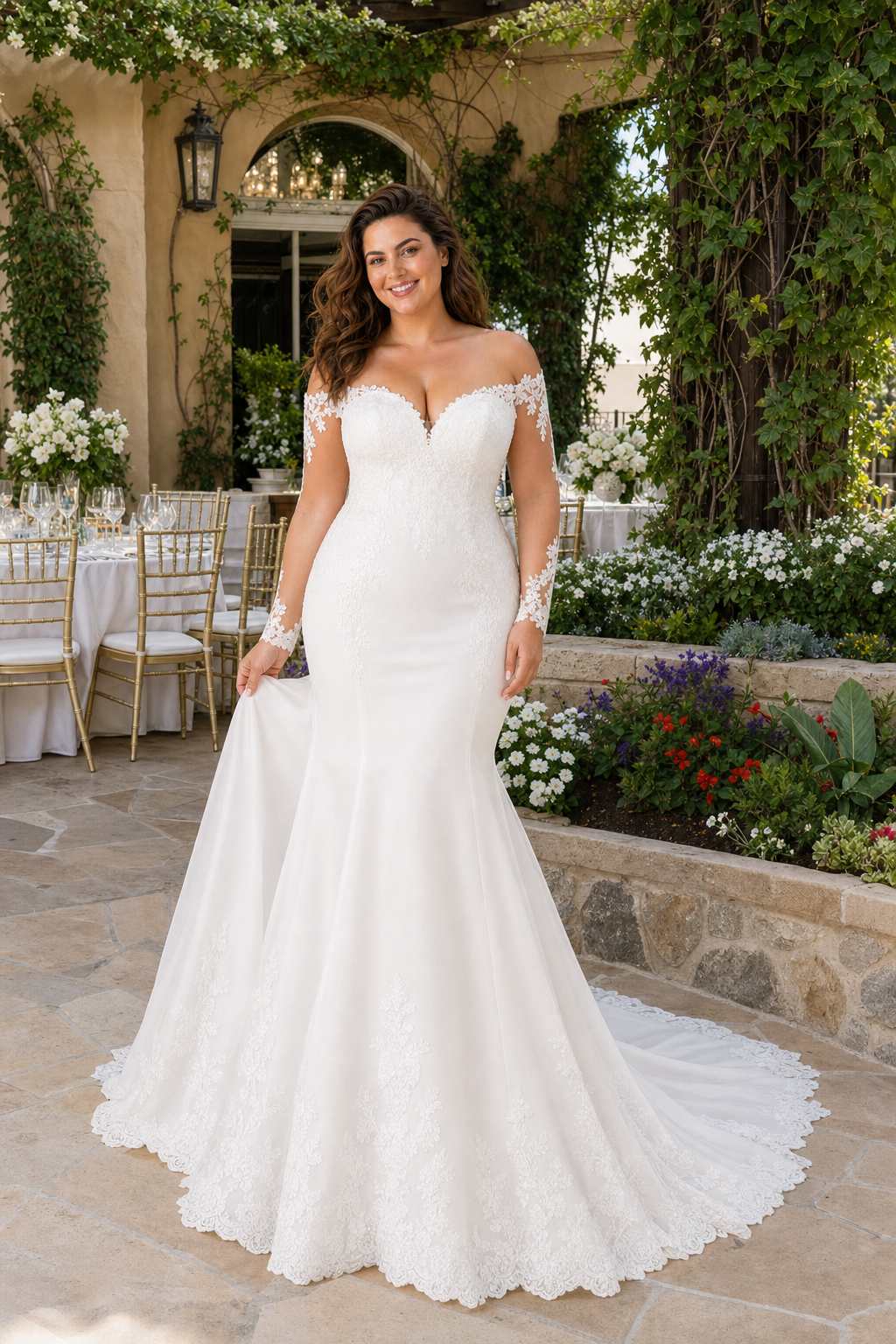 Plus Size Wedding Dress with Off Shoulder Lace Sleeves and Cathedral Train