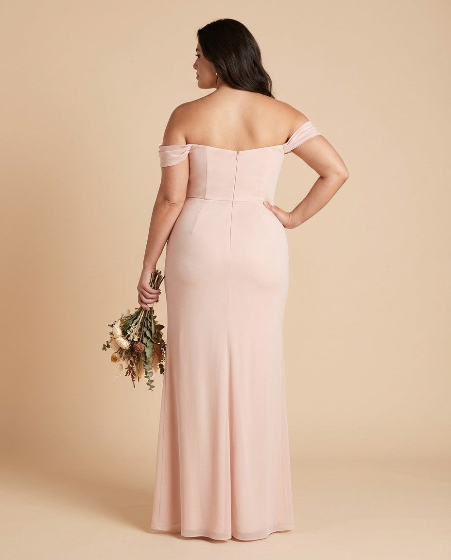 Elanthia Plus Size Off The Shoulder Mesh Bridesmaid Dress With Leg Slit For Wedding Party -N0346