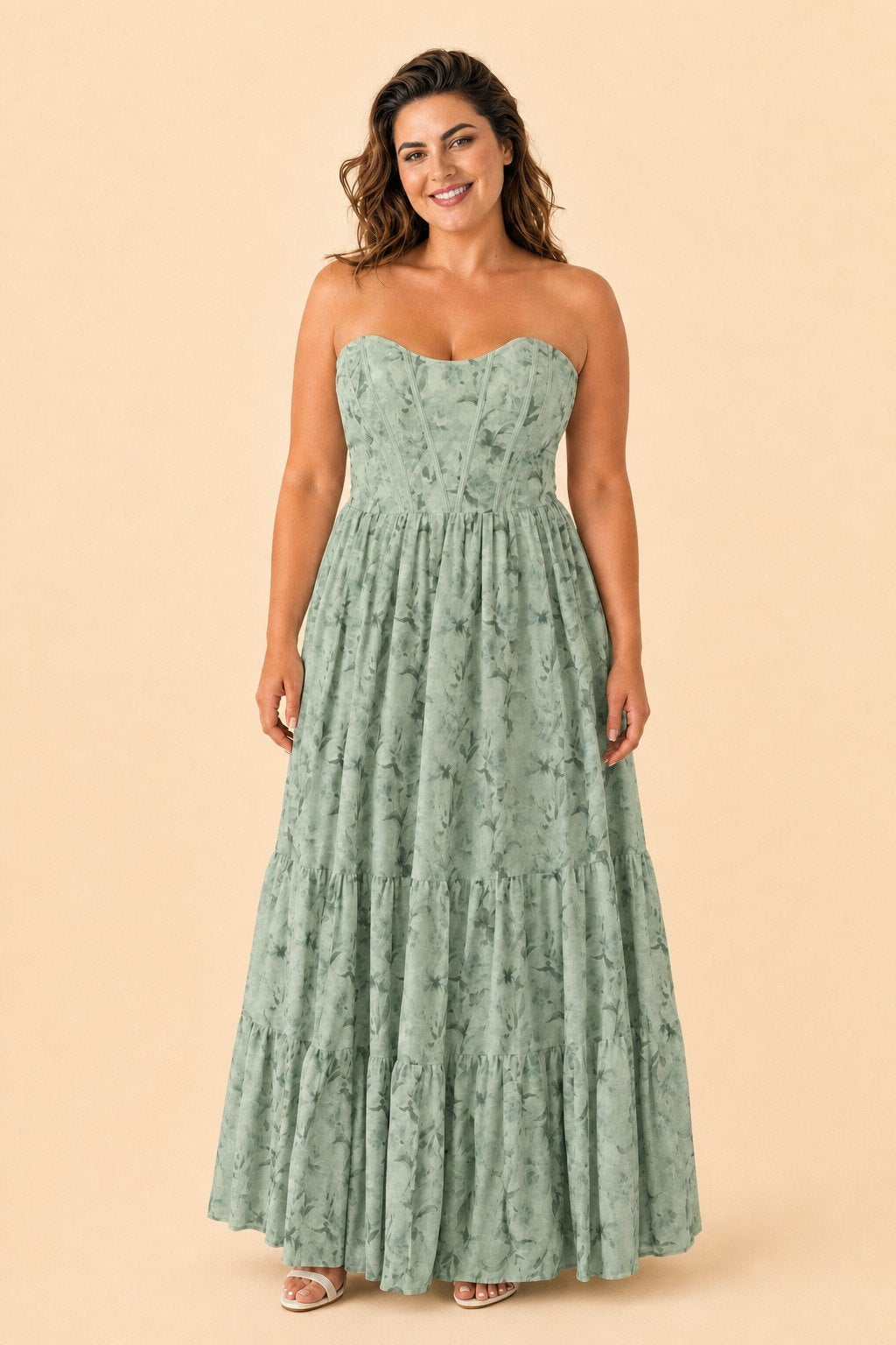 Romantic Floral Print Strapless Bridesmaid Dress with Open Back Detail