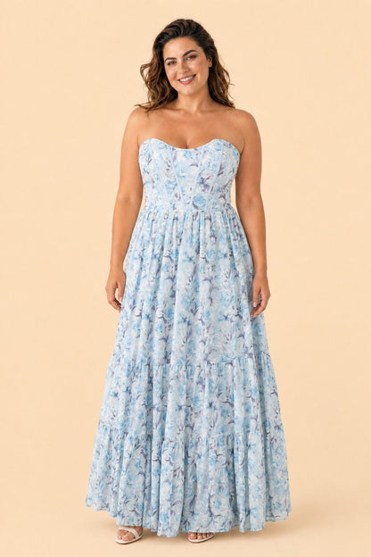Romantic Floral Print Strapless Bridesmaid Dress with Open Back Detail