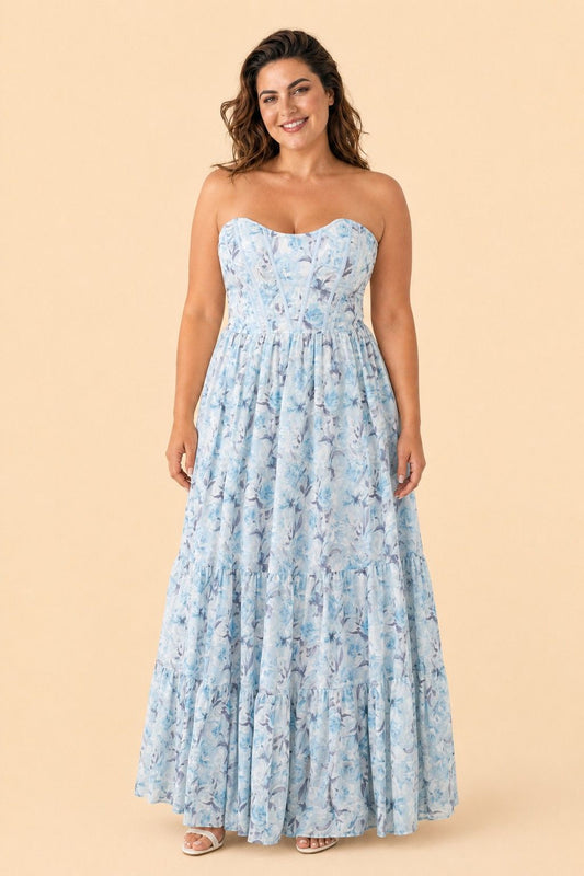 Romantic Floral Print Strapless Bridesmaid Dress with Open Back Detail