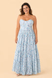 Romantic Floral Print Strapless Bridesmaid Dress with Open Back Detail
