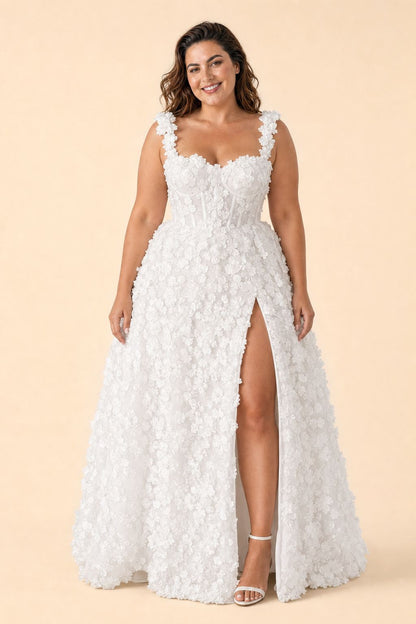 Plus Size Floral A-Line Wedding Dress with Lace-Up Back and High Slit