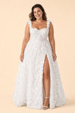 Plus Size Floral A-Line Wedding Dress with Lace-Up Back and High Slit