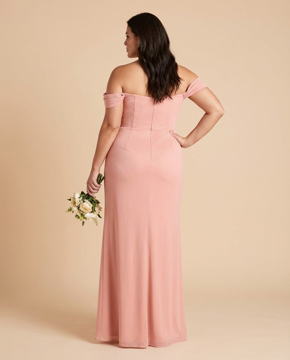 Elanthia Plus Size Off The Shoulder Mesh Bridesmaid Dress With Leg Slit For Wedding Party -N0346