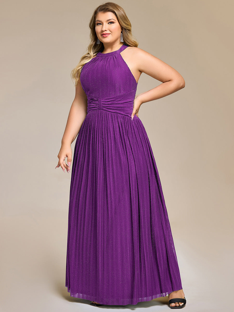 Plus Size Glittery Halter Neck Pleated Formal Evening Dress
