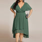 Plus Size Chiffon Short Sleeves Pleated V-Neck A-Line Midi Wedding Guest Dress