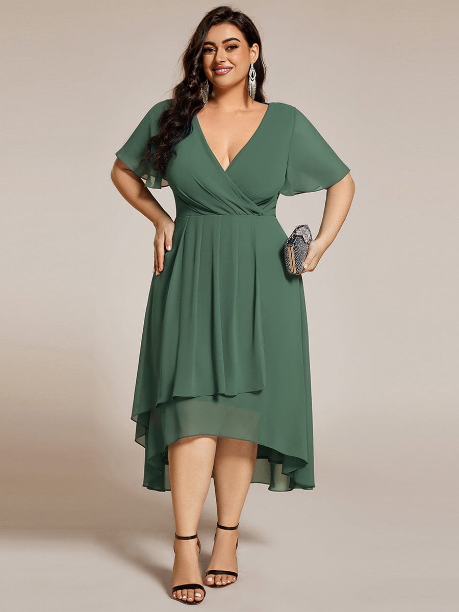 Plus Size Chiffon Short Sleeves Pleated V-Neck A-Line Midi Wedding Guest Dress