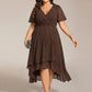 Plus Size Chiffon Short Sleeves Pleated V-Neck A-Line Midi Wedding Guest Dress