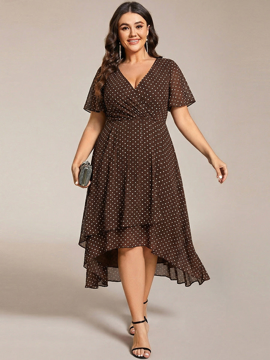 Plus Size Chiffon Short Sleeves Pleated V-Neck A-Line Midi Wedding Guest Dress