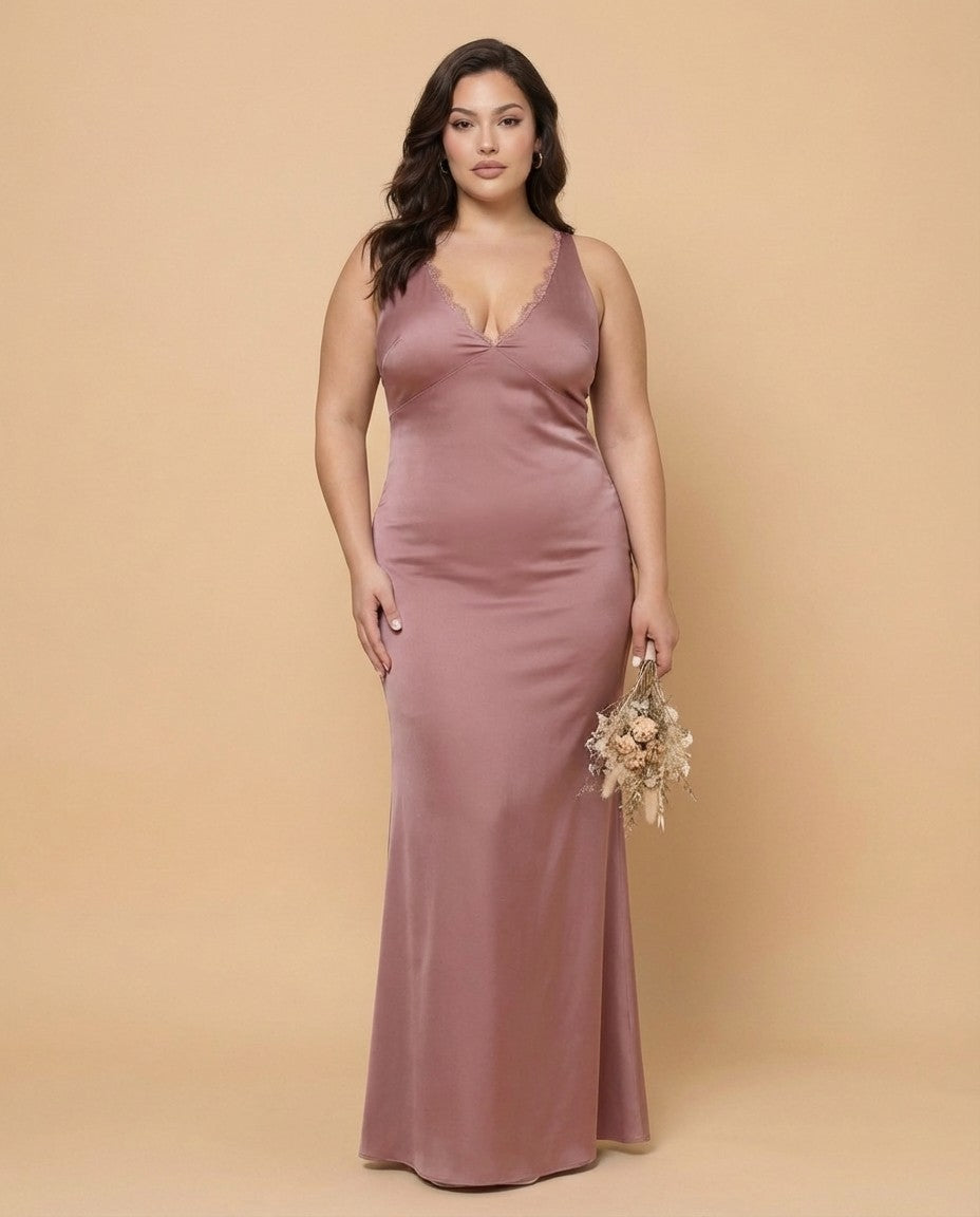 Silvarelle Elegant Stretch Satin Plus Size Bridesmaid Dress with Lace Trim for Weddings - N0359