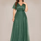 Plus Size V Neck Ribbon Waist Formal Evening Dress With Sleeves