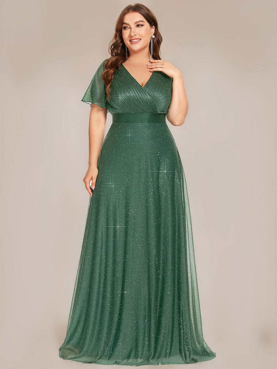 Plus Size V Neck Ribbon Waist Formal Evening Dress With Sleeves