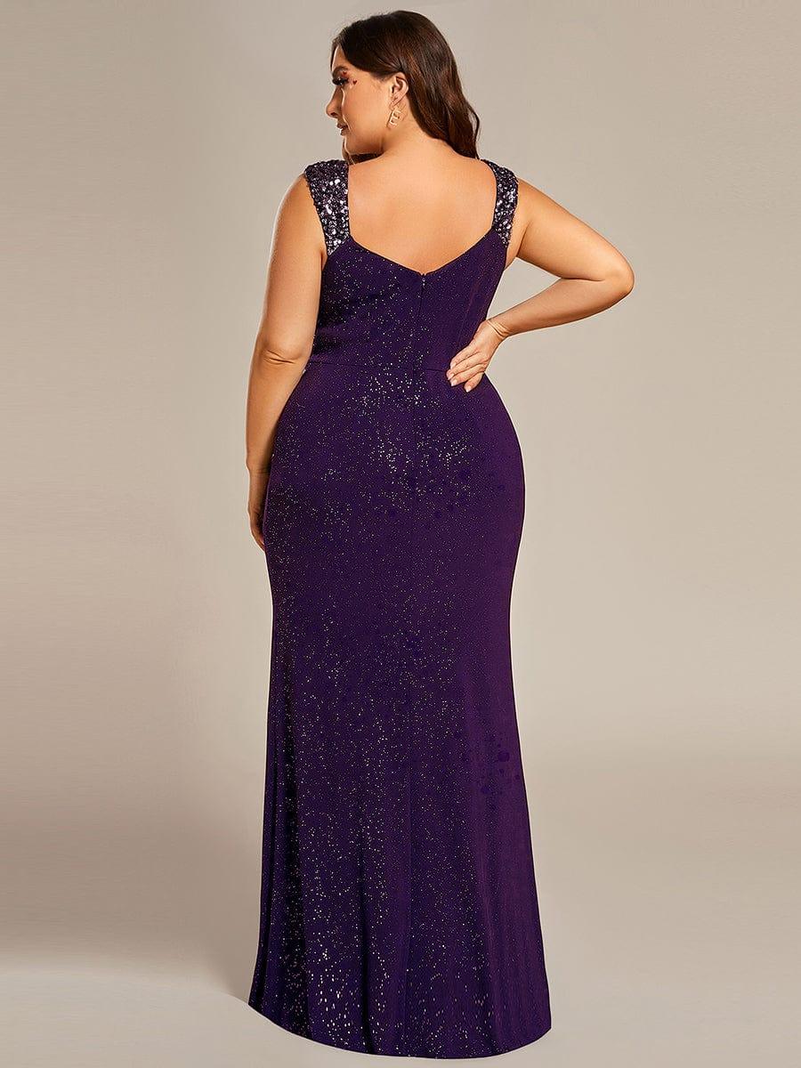 Plus Size Glitter V-Neck High Slit Sequin Shoulder Strap Evening Dress