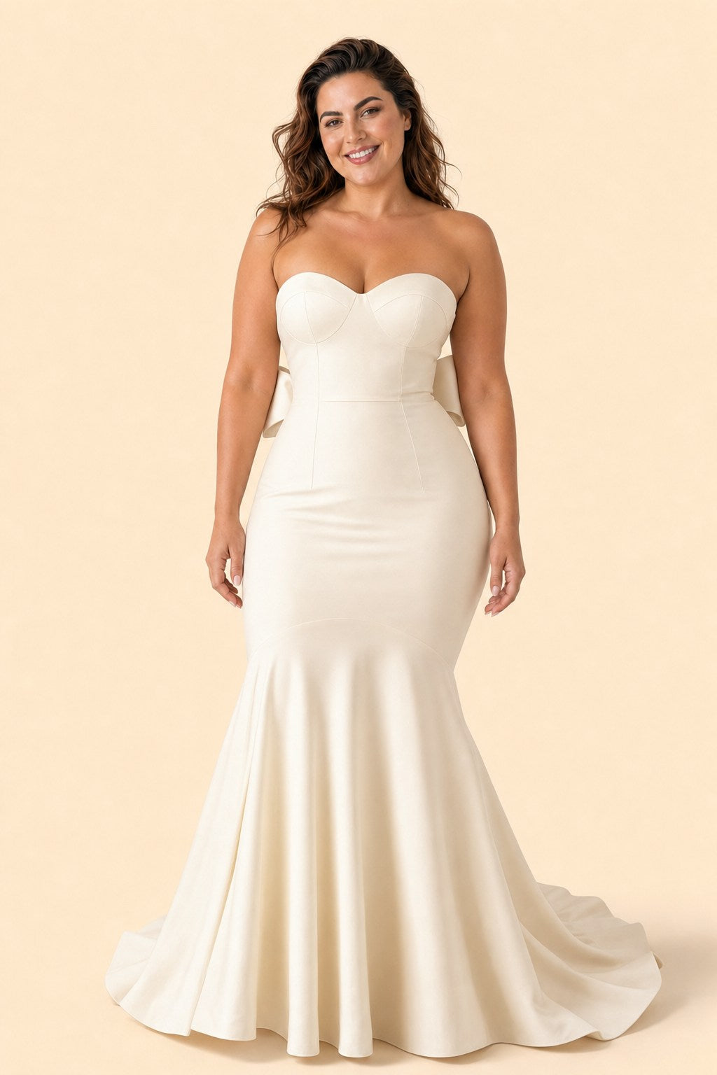 Plus Size Strapless Bridesmaid Dress with Bow Back and Chapel Train