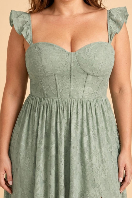 Plus Size A-Line Bridesmaid Dress with Floral Burnout Fabric Ruched Bodice and Slit Detail