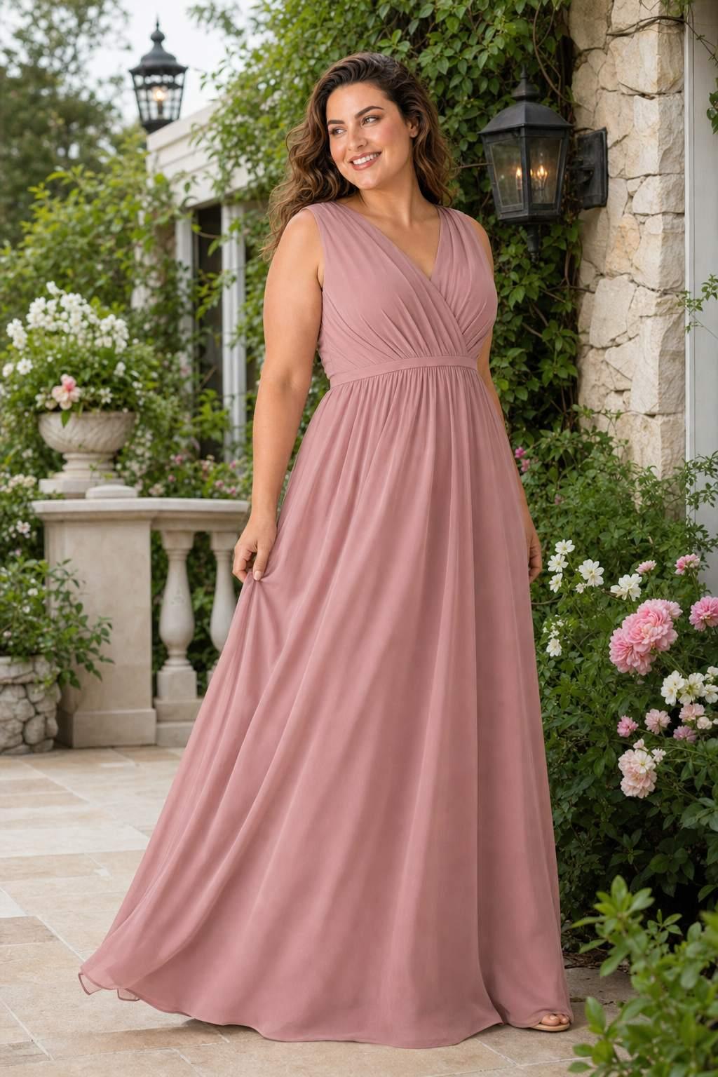 Elegant Plus Size Bridesmaid Dress with Lace Panel Back and Soft Pleats