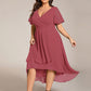Plus Size Chiffon Short Sleeves Pleated V-Neck A-Line Midi Wedding Guest Dress