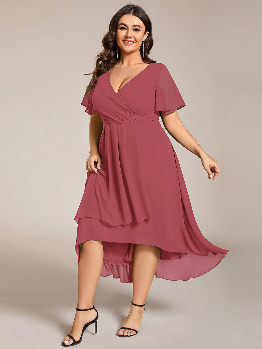 Plus Size Chiffon Short Sleeves Pleated V-Neck A-Line Midi Wedding Guest Dress