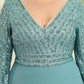 Plus Size V Neck A-Line Sequin Formal Evening Dress with Sleeve