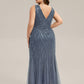 Plus Size Deep V-Neck Bead Embroidery Evening Dress