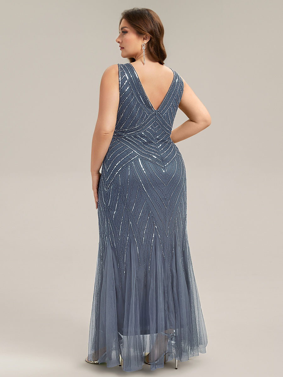 Plus Size Deep V-Neck Bead Embroidery Evening Dress