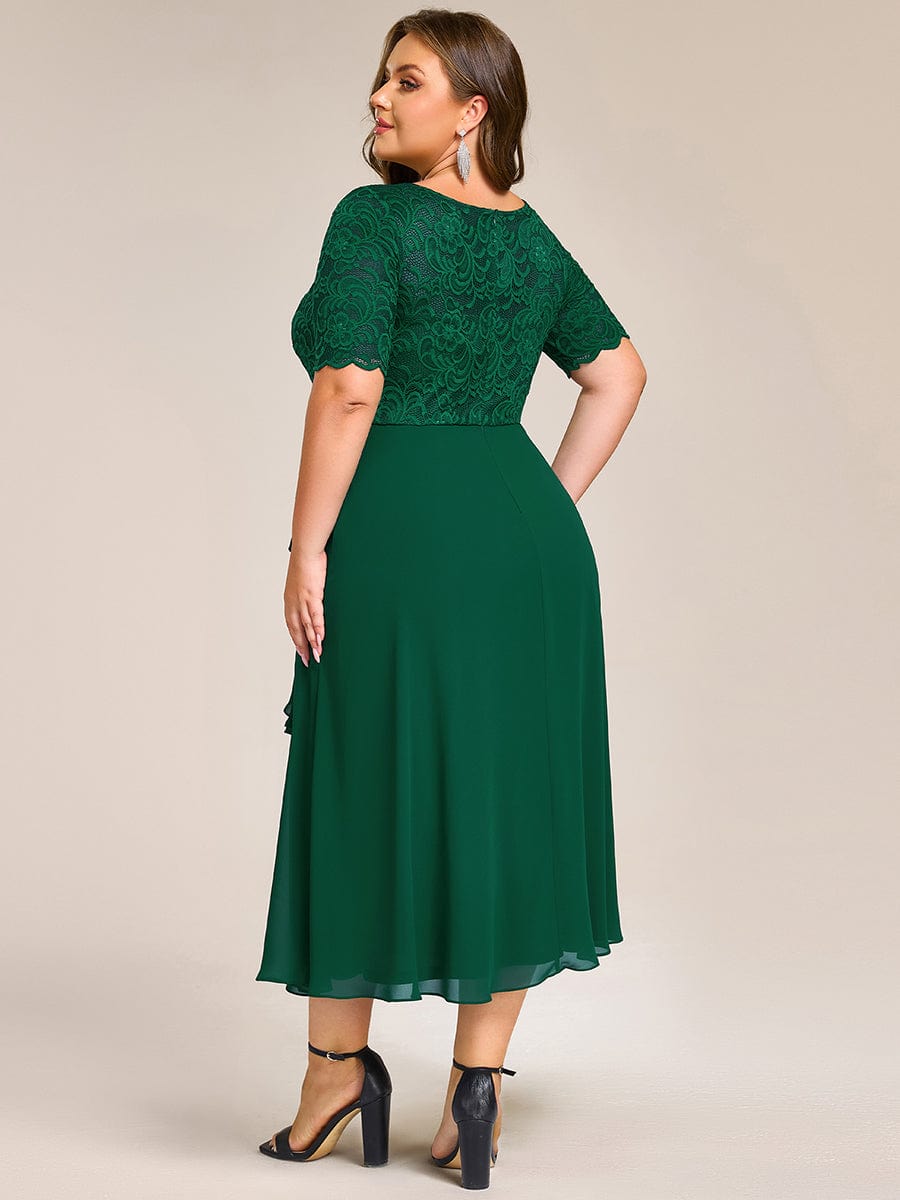 Plus Size Lace Top Short Sleeve A-Line Split Round Neck Formal Dress