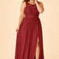 Plus Size Lace Bridesmaid Dress with Slit and Pockets Elegant A-Line Chiffon Open Back Formal Gown