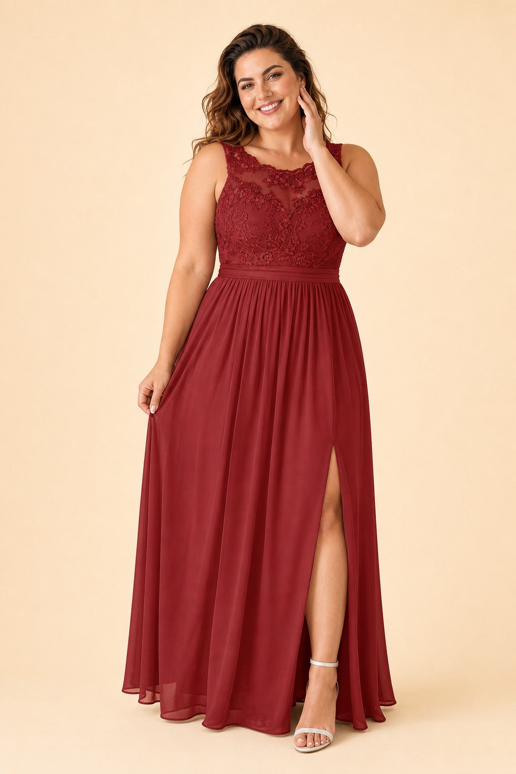 Plus Size Lace Bridesmaid Dress with Slit and Pockets Elegant A-Line Chiffon Open Back Formal Gown