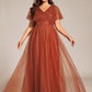 Plus Size Short Sleeves Sequin V-Neck Formal Evening Dress with Tulle