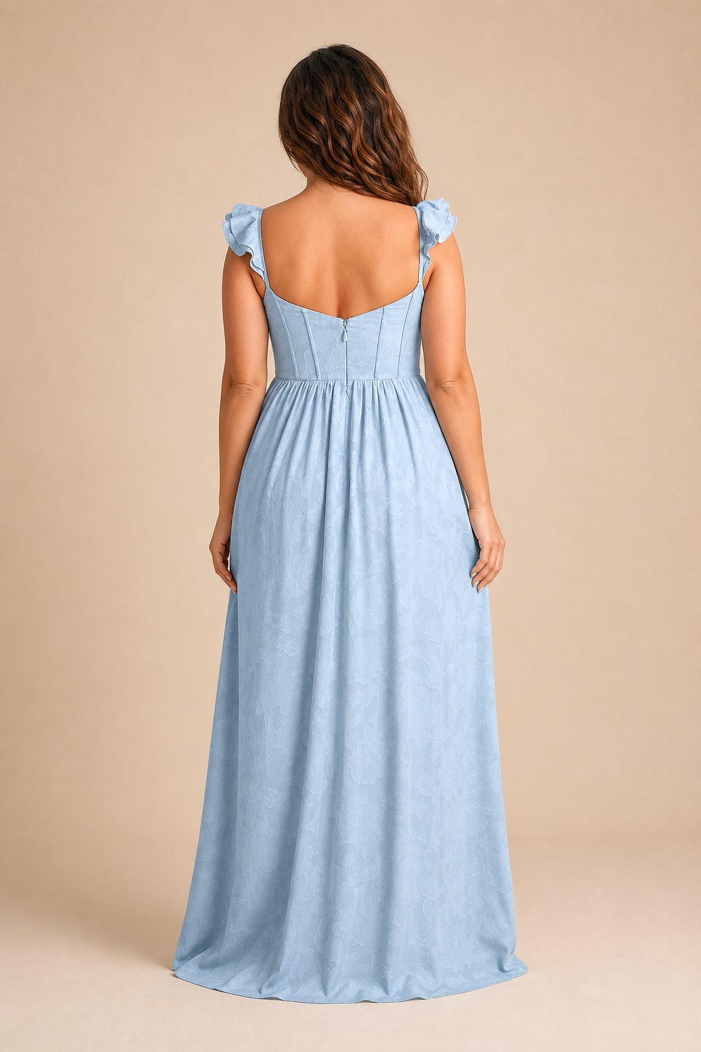 Plus Size A-Line Bridesmaid Dress with Floral Burnout Fabric Ruched Bodice and Slit Detail
