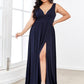 Plus Size Sleeveless V-Neck Empire Waist High Slit Floor-Length Evening Dress