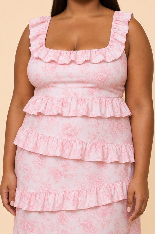 Plus Size Floral Bridesmaid Dress with Tiered Ruffles Stretch Fabric and Elegant Slit