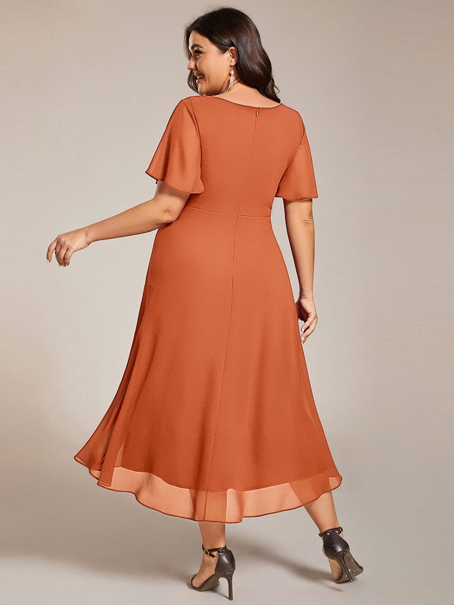 Plus Size Chiffon Short Sleeves Pleated V-Neck A-Line Midi Wedding Guest Dress