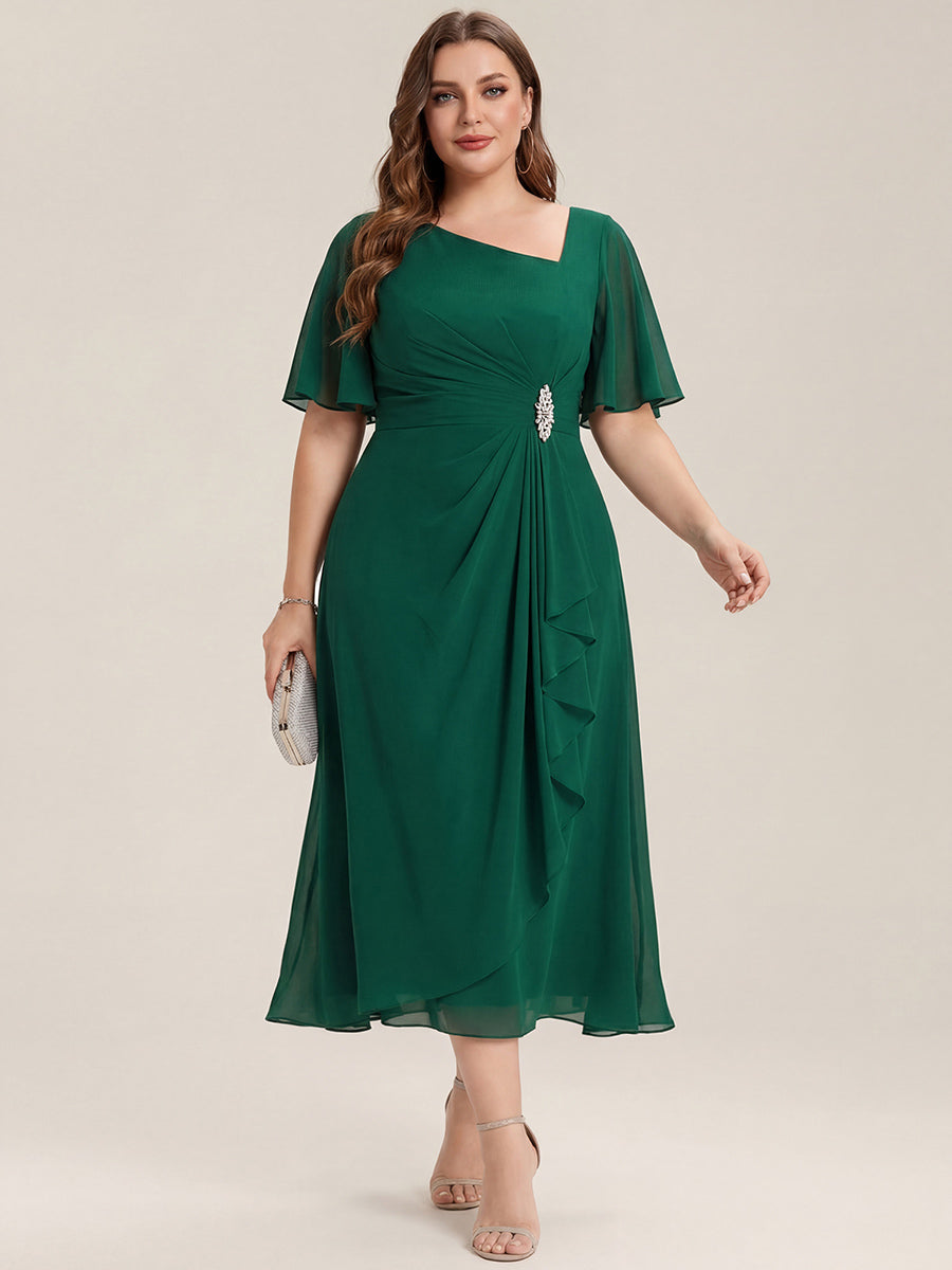 Plus Size Pleated Chiffon Ruffle Sleeve Wedding Guest Dress