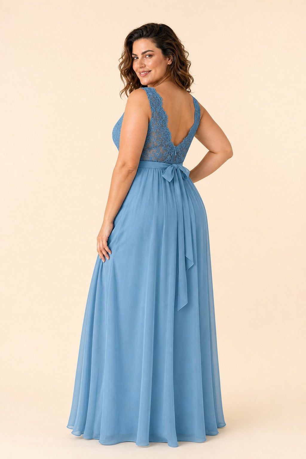 Plus Size Lace Bridesmaid Dress with Slit and Pockets Elegant A-Line Chiffon Open Back Formal Gown