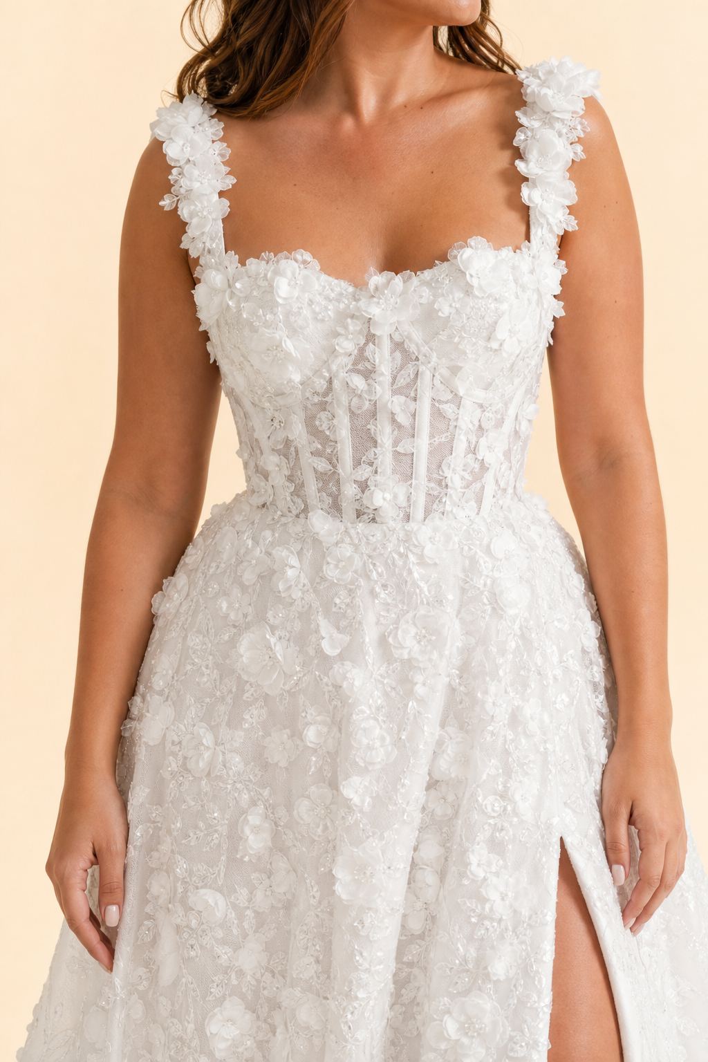 Plus Size Floral A-Line Wedding Dress with Lace-Up Back and High Slit