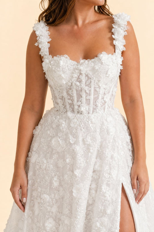 Plus Size Floral A-Line Wedding Dress with Lace-Up Back and High Slit
