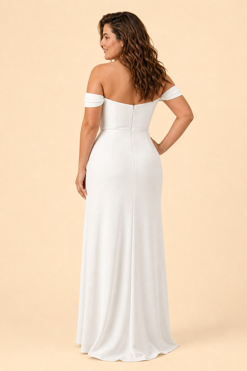 Plus Size Off Shoulder Chiffon Bridesmaid Dress with Pleated Details and Elegant Leg Slit