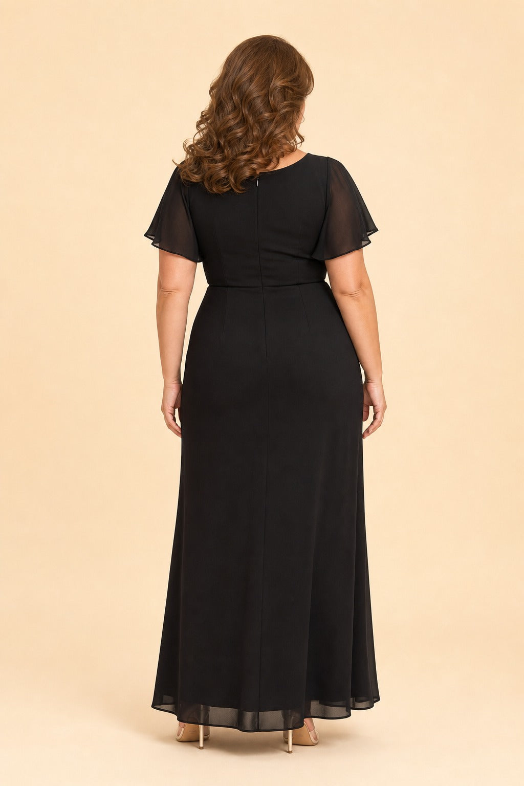 Plus Size A-Line Mother of the Bride Dress with Pleated Chiffon Flutter Sleeves