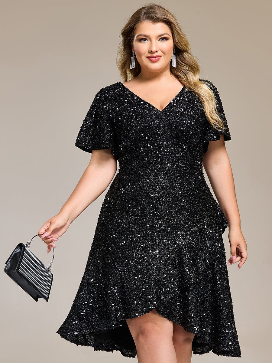 Plus Size Sequin Ruffle Sleeve Formal Dress