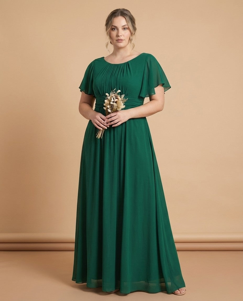 Petaline Elegant Chiffon A-Line Bridesmaid Gown with Short Sleeves N0324